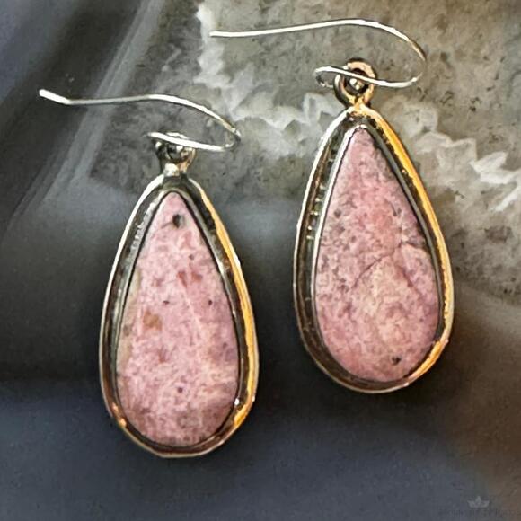 Native American Sterling Silver Teardrop Rhodonite Dangle Earrings For Women - Picture 1 of 10